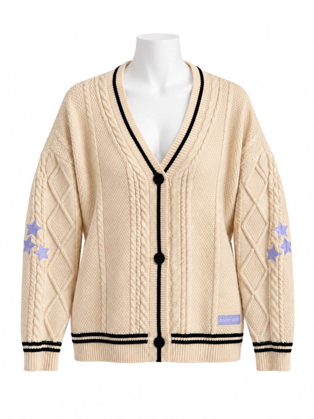 Size XL Women’s Cream Cable Knit Cardigan Lavender Stars Black Trim Button Front